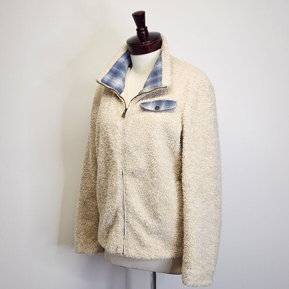 Pendleton Hi-Pile Fuzzy Sherpa Full Zip Fleece Jacket Ivory, Plaid Trim Women XL - Picture 5 of 12